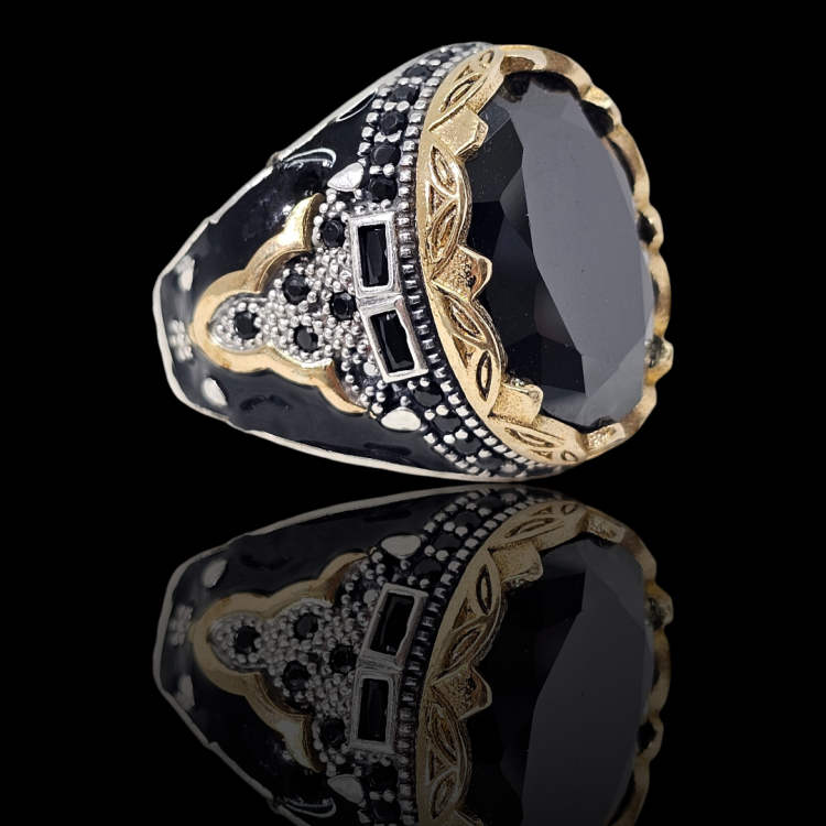 925 Ayar Gümüş Erkek Yüzük Siyah Onix Taşlı